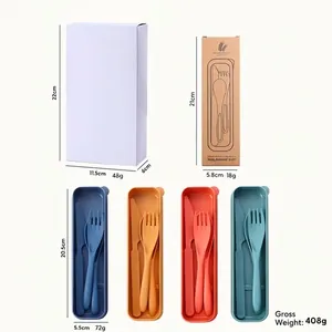 Portable eco-friendly wheat straw cutlery set with fork knife spoon and travel case
