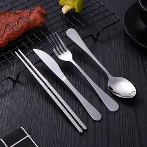 Portable 4-piece stainless steel cutlery set including knife, fork, spoon and chopsticks in silver