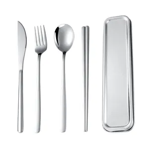 4-piece portable stainless steel cutlery set with a sleek metal storage box