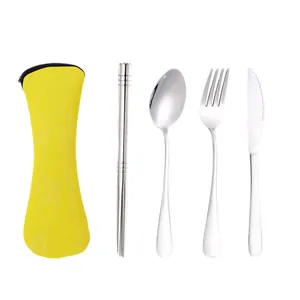 Portable stainless steel cutlery set with travel chopsticks, spoon, fork, knife and yellow pouch