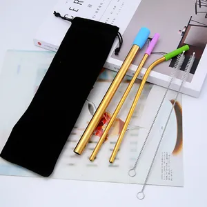 Reusable 304 Stainless Steel Straw Set Colored Straight Curved Metal Straws For Coffee Cocktail Cold Drinks Eco Friendly