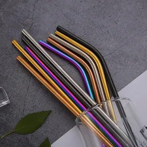 Premium colorful 304 stainless steel straw set with straight and bent pipes in a glass