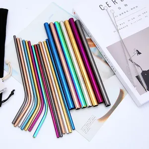 Premium set of colorful 304 stainless steel reusable straws with cleaning brushes included