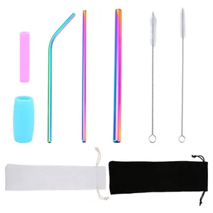 Eco-friendly rainbow stainless steel reusable straw set with silicone tips and storage bags