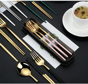 Close-up of portable stainless steel cutlery set featuring gold spoon fork and chopsticks