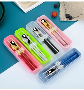 Portable 304 stainless steel cutlery sets featuring colorful cases, spoons and chopsticks.