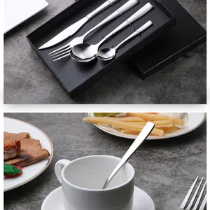 Stainless steel cutlery set in a black gift box and dining scene with a coffee cup