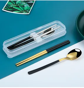 304 stainless steel portable cutlery set featuring gold and silver chopsticks with spoon