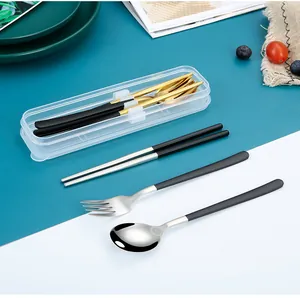Portable 304 stainless steel cutlery set with travel case for outdoor and school use.