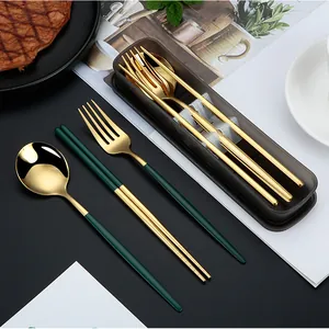 Portable gold and green 304 stainless steel cutlery set including travel storage box