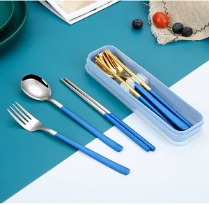 Detail view of 304 stainless steel spoon, fork, and chopsticks set with travel case.