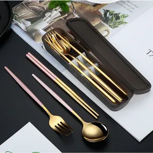 Detail of 304 stainless steel cutlery set with portable case including spoon fork chopsticks