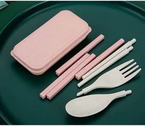Detailed view of pink wheat straw travel cutlery set with case and detachable pieces