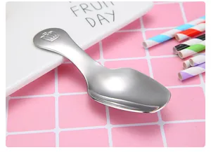 Close-up of a stainless steel dessert spoon with a crown pattern on the handle