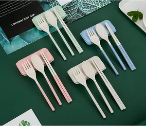 Detail showing four colors of wheat straw portable cutlery sets with storage cases.