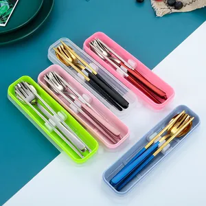 Korean Style 304 Stainless Steel Portable Cutlery Set With Storage Box Mirror Polished Spoon Fork Chopsticks For Travel Picnic Office School