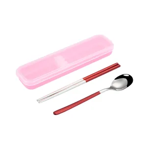 Portable 304 stainless steel cutlery set with pink storage case and red handles 3-piece