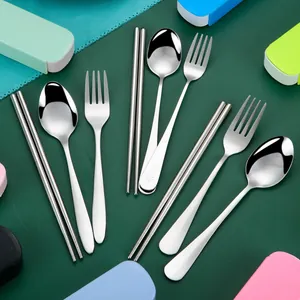 Portable stainless steel cutlery set with spoon fork and chopsticks in colorful cases