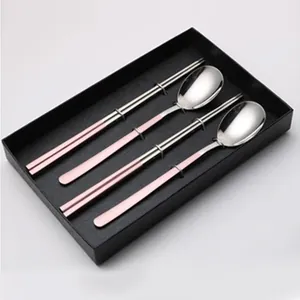 Korean style 304 stainless steel cutlery gift set with pink handles and black box