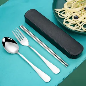 Portable stainless steel cutlery set including spoon, fork, chopsticks and a black case