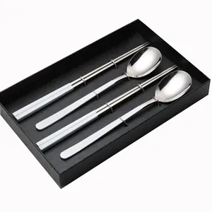 Premium 304 stainless steel tableware set with chopsticks and spoons in a black gift box