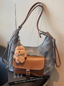 Large capacity denim and leather backpack tote with bear pendant for women's travel
