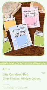 Cute cartoon cat-shaped sticky notes shown in various colors on a wooden desk