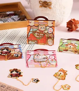 Detailed view of cute cartoon cat metal bookmarks featuring hanging chains and backing cards