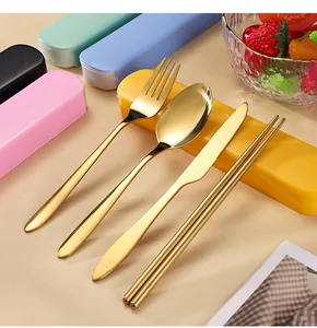 Portable gold stainless steel cutlery set with travel storage box case