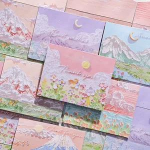 Tarjetas de felicitación creativas con estilo de pintura al óleo, flores y montañas