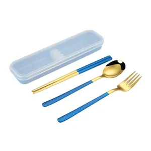 Portable Korean 3-piece gold stainless steel cutlery set with blue handles and case