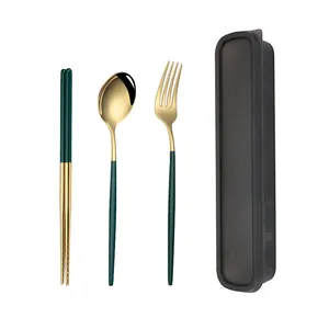 Portable 3-piece stainless steel cutlery set with storage case in green and gold