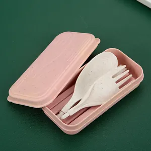 Eco-friendly wheat straw portable cutlery set includes fork spoon chopsticks and box
