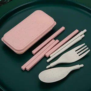 Portable eco-friendly wheat straw cutlery set including spoon, fork, and chopsticks with case
