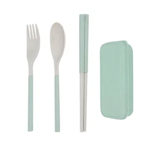 Portable eco-friendly wheat straw cutlery set with fork, spoon, chopsticks and case