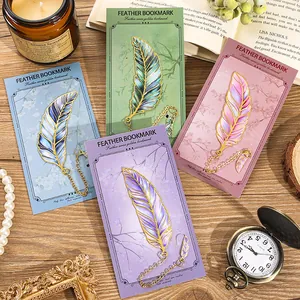 Exquisite Vintage Feather Shape Metal Bookmark Gradient Enamel Page Marker Gold Plated Reading Accessories Gift For Students Readers Women