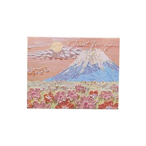 Tarjeta de felicitación artística al óleo con paisaje del Monte Fuji y flores