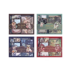 Vier vintage journaling cadeauboxen met botanische en artistieke thema's en washi-tapes set.