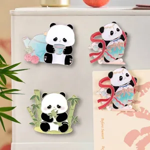 Set of three cute cartoon panda acrylic fridge magnets in various artistic poses