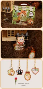 Macro detail of cute cartoon cat metal bookmarks set with golden hanging pendants