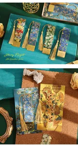 Detailed view of Van Gogh style metal bookmarks with golden tassels and artistic patterns