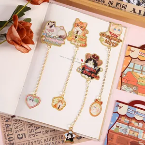 Set of 4 cute cartoon cat metal bookmarks featuring elegant gold chains and charms