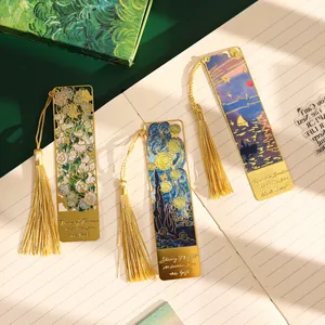 Artistic gold metal bookmarks featuring Van Gogh oil painting designs with yellow tassels