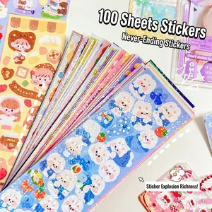 Pack of 100 cute cartoon stickers for DIY journaling with holographic glitter effects