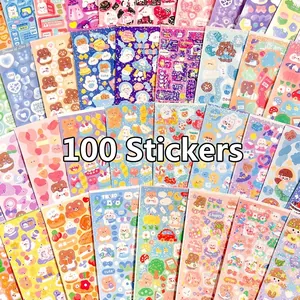 Colorful set of 100 cute cartoon stickers for DIY journal and scrapbooking decoration