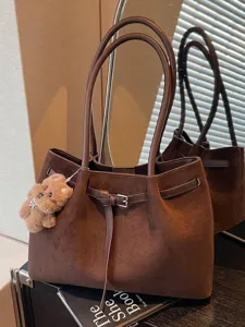 Βίντατζ Τσάντα Tote από Δέρμα PU Μεγάλης Χωρητικότητας για Γυναίκες Πολυχρηστική Τσάντα Ώμου Φθινοπώρου Χειμώνα Ματ Υφή Τσάντα Μετακίνησης Με Μενταγιόν Αρκουδάκι