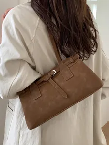 Braune Retro-Schultertasche aus Wildlederimitat mit Schnallenriemen für Damen