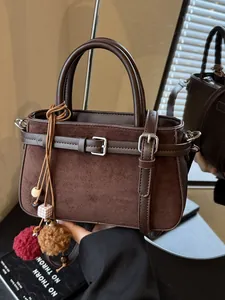 Vintage Frosted PU Leather Bucket Bag For Women Minimalist Handheld Crossbody Bag With Elegant Buckle Removable Pom Pom Pendant Daily Casual Tote