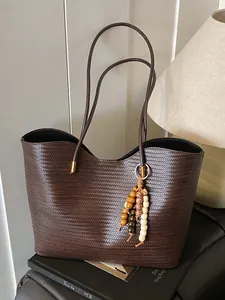 Women's Large Capacity Woven Tote Bag High-End PU Leather Shoulder Handbag With Beaded Pendant Commuter Fashion Office Bag