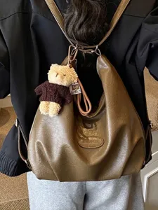 Borsa tote vintage marrone di grande capacità e zaino con ciondolo a forma di orsetto